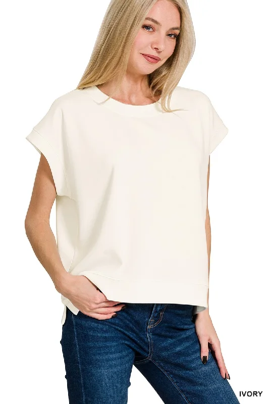 Scuba Short Sleeve Sweatshirt in Ivory Hoodie with Elastic Cuffs Stretchable Comfortable