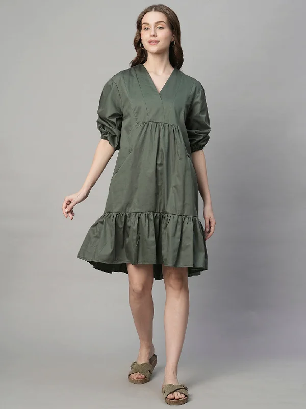 Women's Olive Cotton Elastane Boxy Fit Dress Tunics Seasonal trendy
