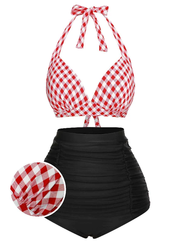 1950s Halter Plaids Lace-Up Swimsuit Vibrant Bikini Bottoms