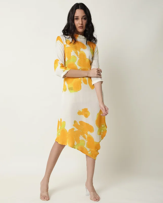 Rareism Women Bon Yellow Abstract Print Band Collar 3/4 Sleeves Asymmetric Knee Length Dress Tunics Trousers formal
