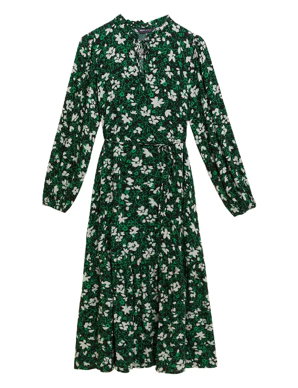Floral Tie Neck Belted Midi Tiered Dress Tunics Spring floral