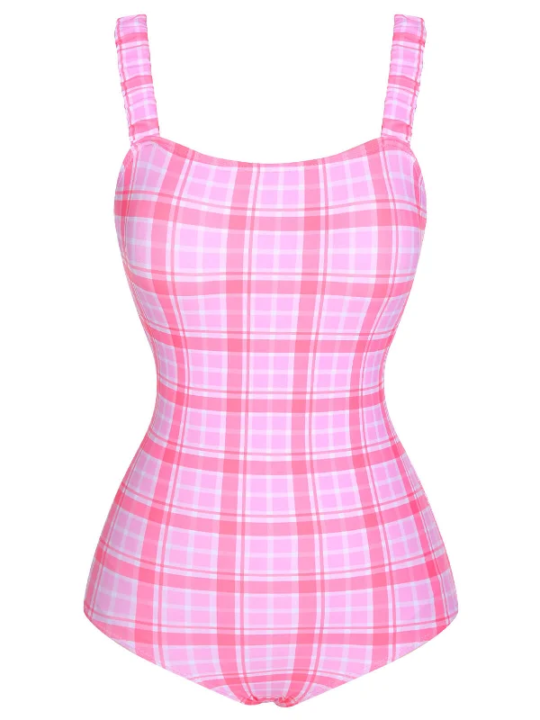 1950s Plaid Elastic Gathers One-Piece Swimsuit Comfortable Swim Dress
