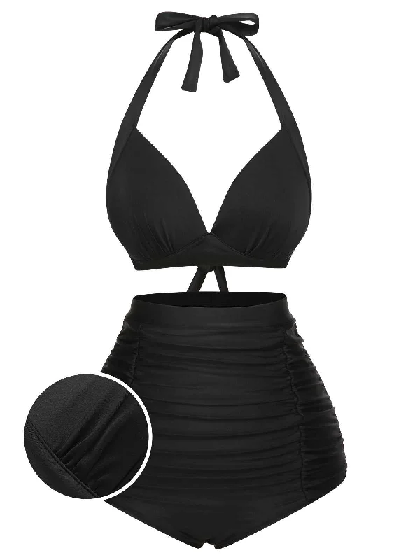 1950s Halter Plaids Lace-Up Swimsuit Adjustable Swim Top