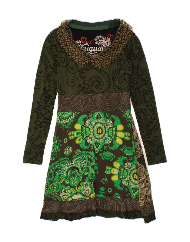 DESIGUAL Womens Graphic Long Sleeve A-Line Dress UK 10 Small Green Paisley Turtleneck Neckline Stylish