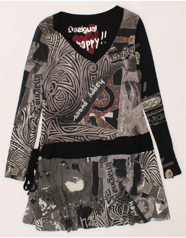 DESIGUAL Womens Graphic Long Sleeve A-Line Dress UK 12 Medium Black Cotton Elegant Long Evening