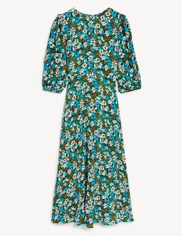 Floral Round Neck Midaxi Tea Dress Tunics Gym athletic