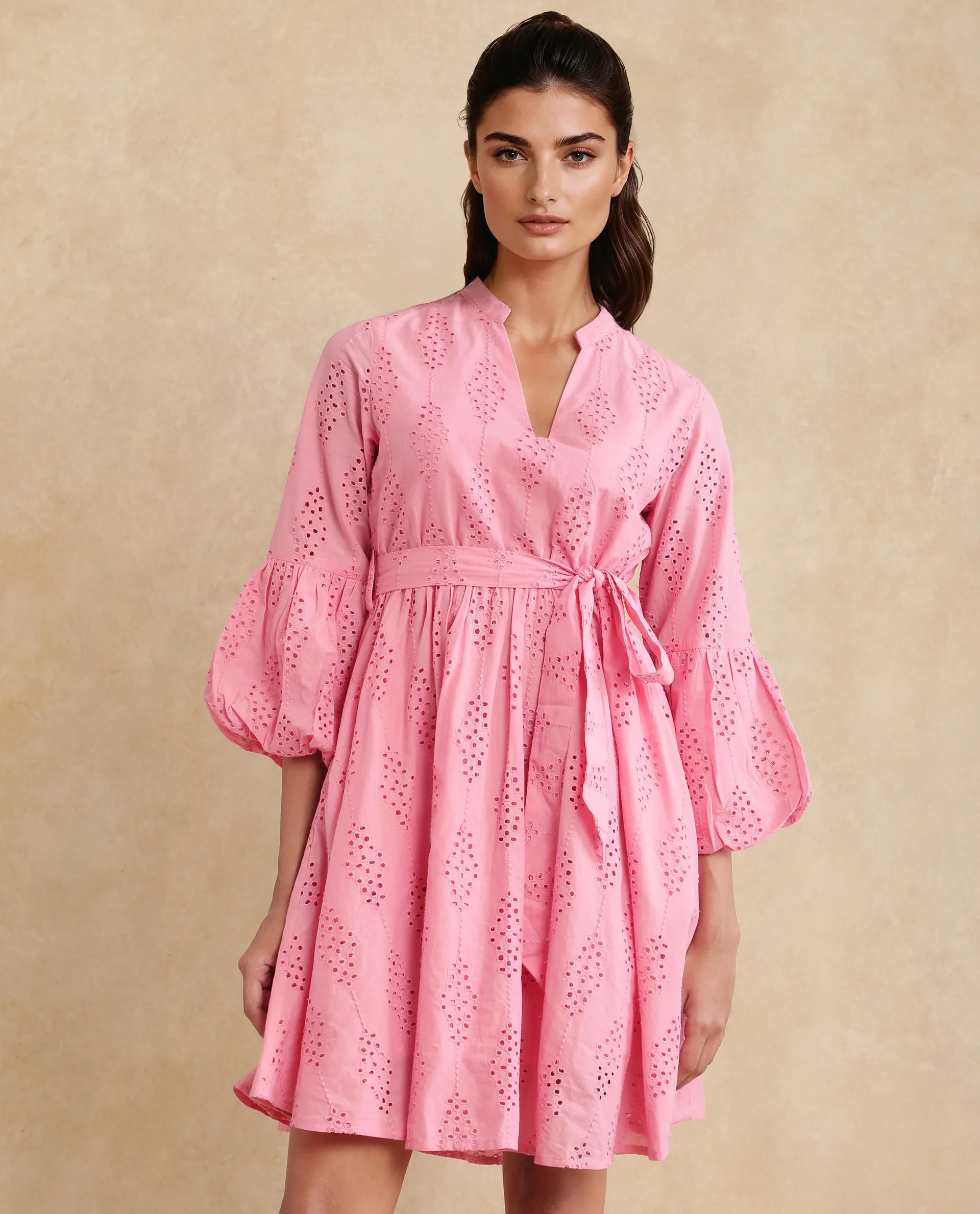Rareism Women Somlia Light Pink Cotton Fabric Bishop Sleeve V-Neck Fit And Flare Mini Plain Dress Turtleneck Warm Winter Rareism Women Somlia Light Pink Cotton Fabric Bishop Sleeve V-Neck Fit And Flare Mini Plain Dress Turtleneck Warm Winter