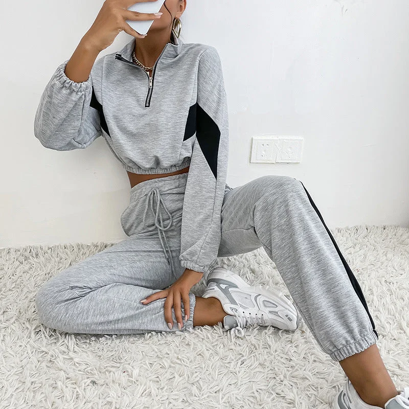 European And American Autumn And Winter Women's Sports Stand Collar Suit Contrast Color Sweatshirt Two-piece Set Hoodie with Button Classic Timeless