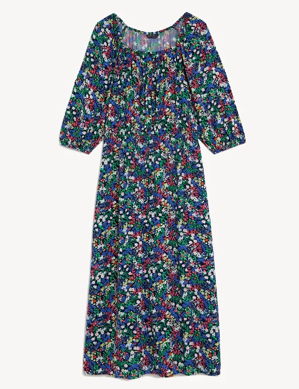 Printed Square Neck Midi Tea Dress Tunics Silk luxurious