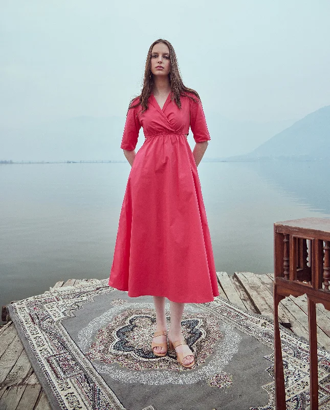 Rareism Women Somrica Dark Pink Cotton Fabric Half Sleeve Lapel Collar A-Line Maxi Plain Dress Tunics Short Trendy Rareism Women Somrica Dark Pink Cotton Fabric Half Sleeve Lapel Collar A-Line Maxi Plain Dress Tunics Short Trendy