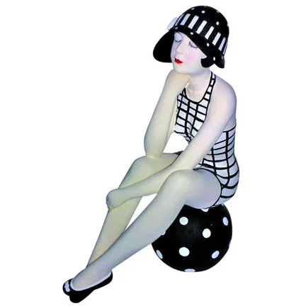 Bathing Beauty Figurine on Beach Ball - Black & White Swimsuit & Sun Hat Chic Bikini Set