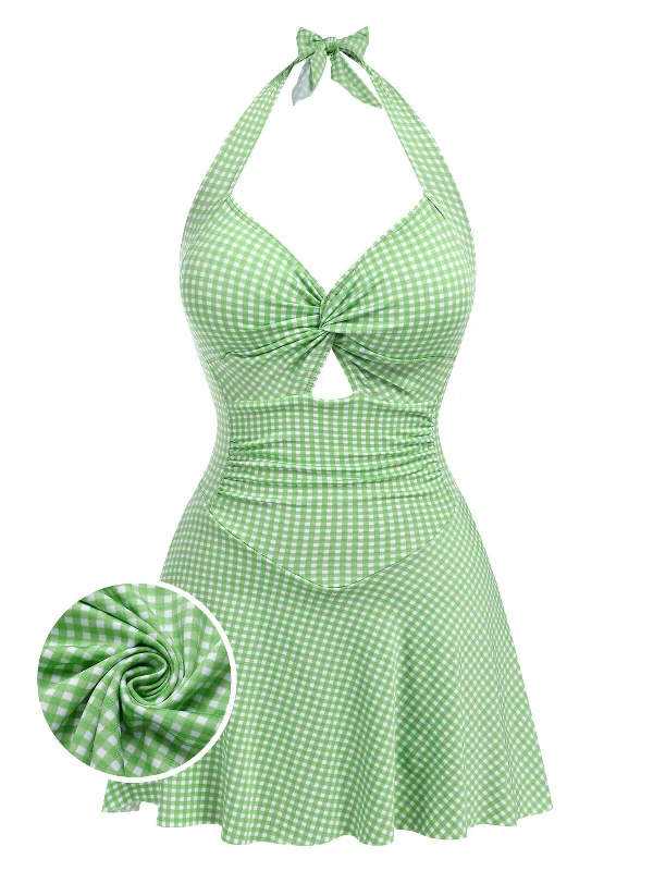 Light Green 1930s Plaid Halter One-Piece Swimsuit Reversible Bikini Set