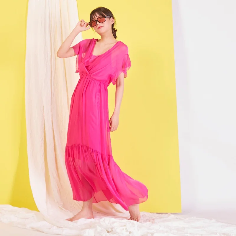 Wholesale silk chiffon long dress with cross v-neck Tunics Stylish modern