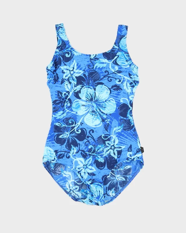Vintage Blue Hibiscus Print Swimsuit - M Plunge Back Swimsuit