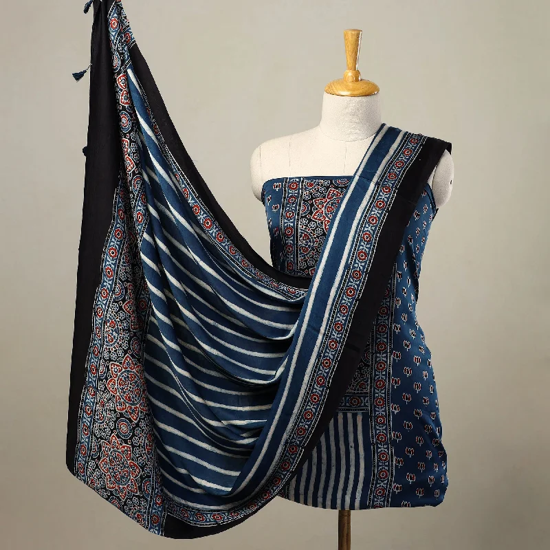 Blue - 2pc Modal Silk Block Print Ajrakh Dress Material 07 Tunics Trousers formal