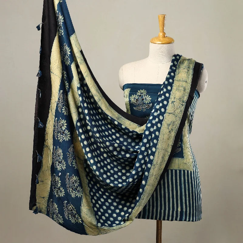 Blue - 2pc Modal Silk Block Print Ajrakh Dress Material 01 Tunics Yoga stretchy