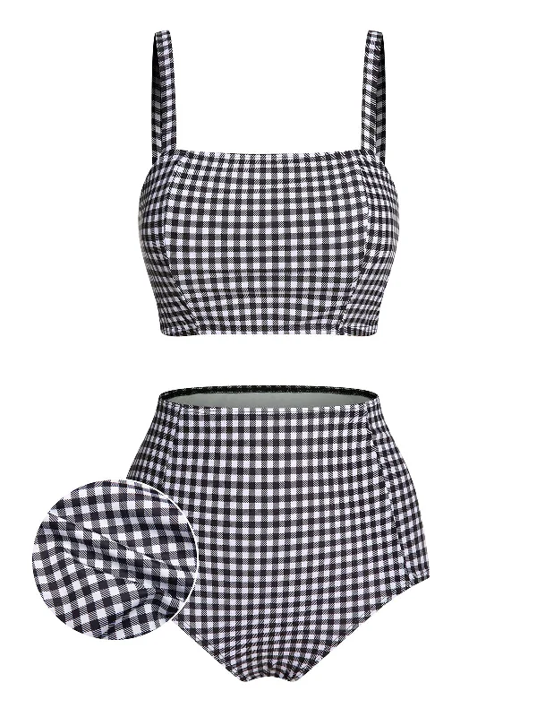 White&Black 1940s Plaid Suspenders Swimsuit Modern High-Waisted Swimsuit