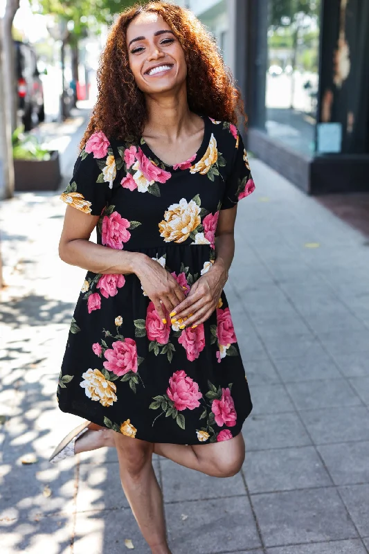 Black S/S Floral Dress Tunics Timeless classic