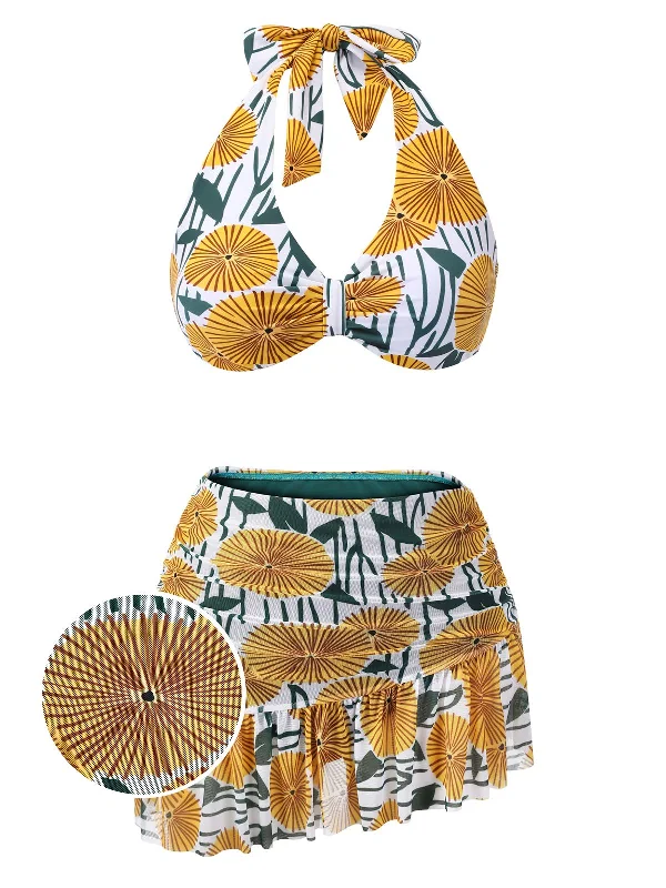 1950s Halter Ping Pong Floral Swimsuit Quick-Dry Tankini