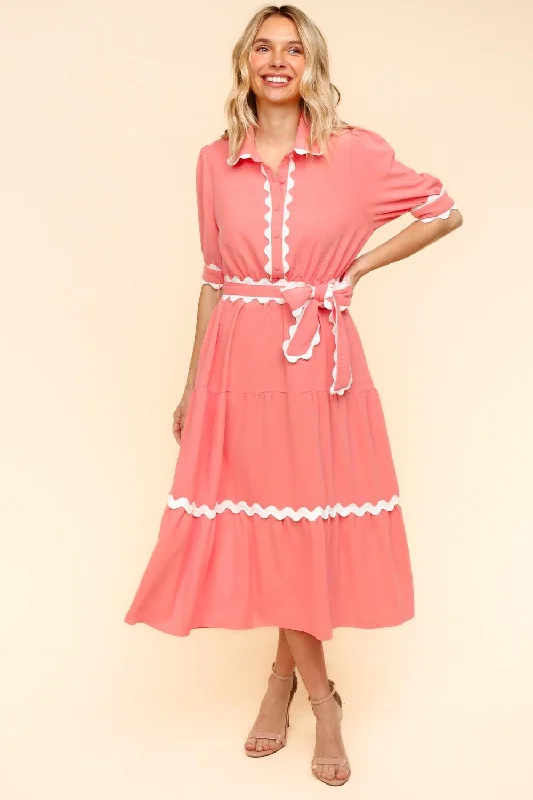 PLUS PEACH COLLARED BUTTON DOWN WOVEN DRESS W/ POCKETS Crew Neckline Casual