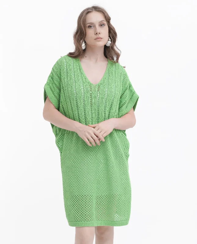 Rareism Women Espantiago Green Cotton Fabric Short Sleeves V-Neck Extended Sleeve Relaxed Fit Plain Knee Length Dress Elegant Long Evening
