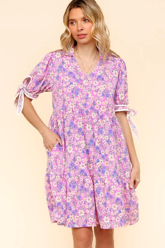 Knee Length Dress W/Bow Tie Short Sleeves Cowl Neckline Elegant