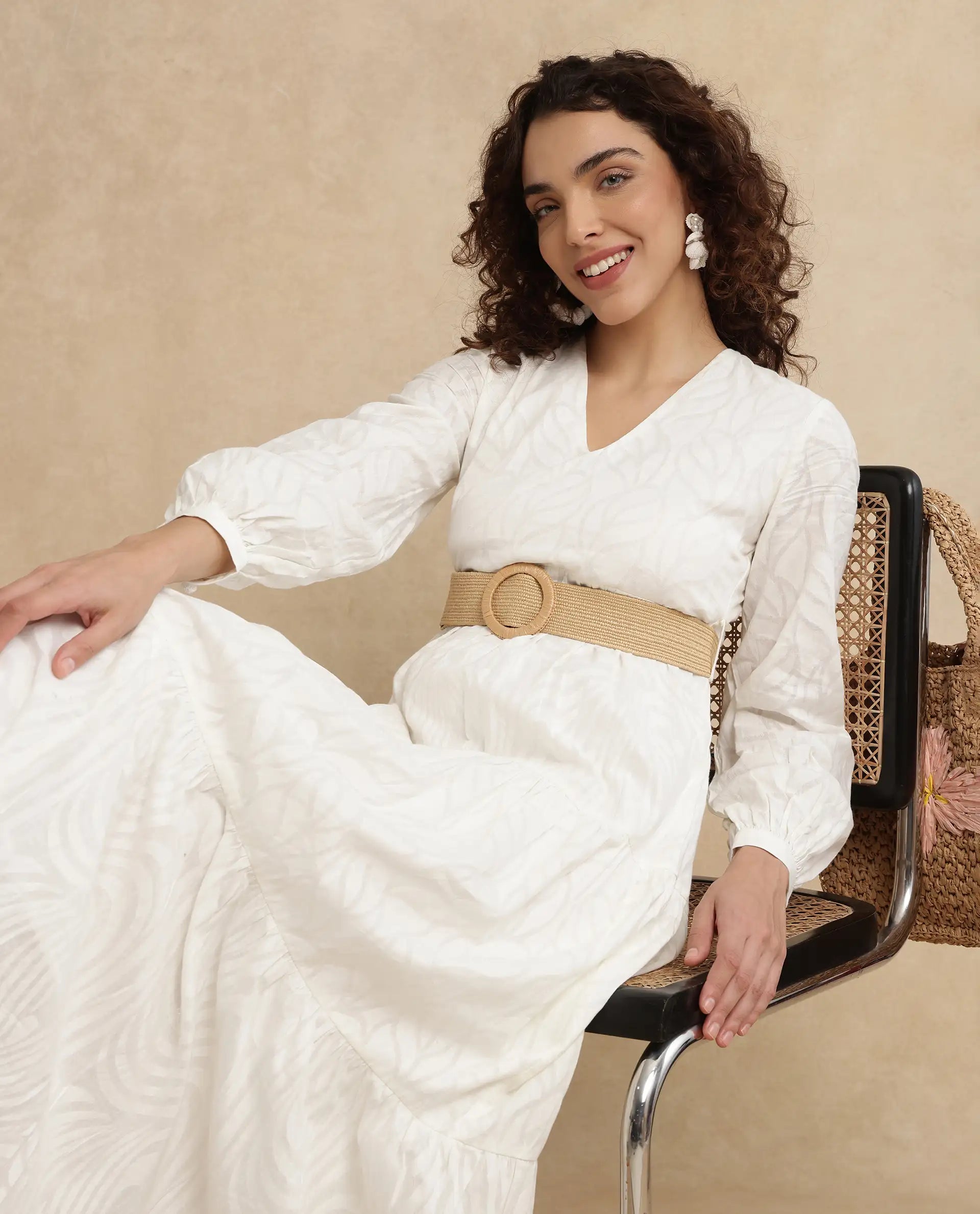 Rareism Women Janco Off White Cotton Fabric Bishop Sleeves V-Neck Fit And Flare Maxi Plain Dress Tunics Versatile functional