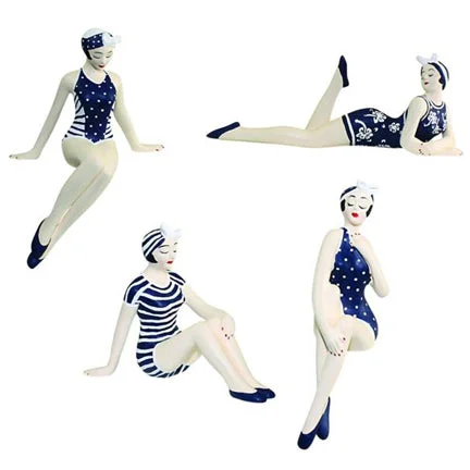Mini Bathing Beauty Beach Girl Figurines in Navy and White Swimsuits - Set of 4 Collectible Nautical Style Statues Elegant Ruffled Bikini