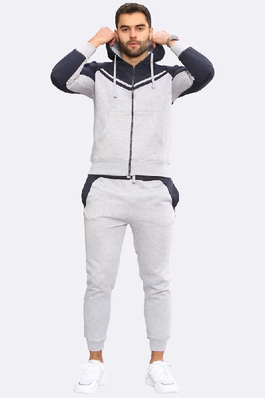 V Panelled Fleece Zipper Hoodie & Joggers Set Hoodie with Strings Custom Fit Adjustable