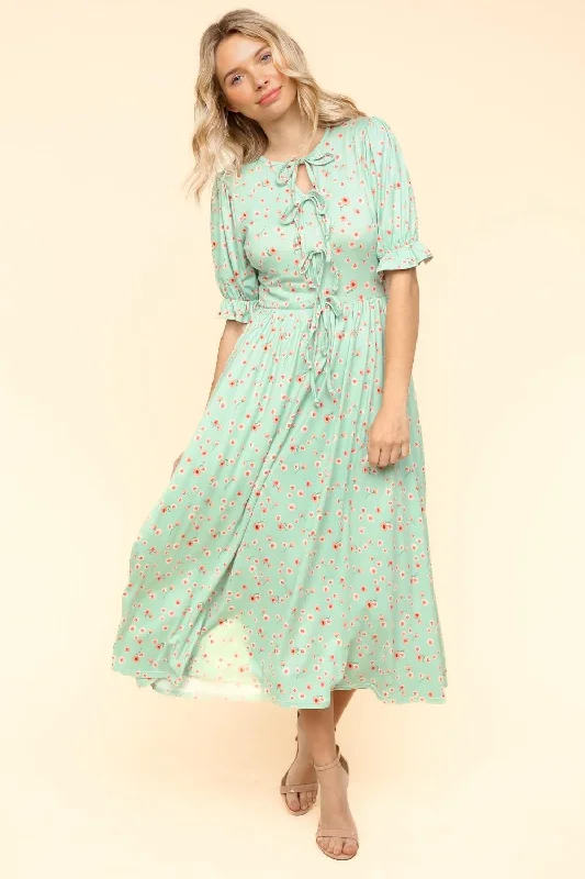 BOW TIE STRING SHORT SLEEVE FLORAL PRINT DRESS Square Neckline Feminine