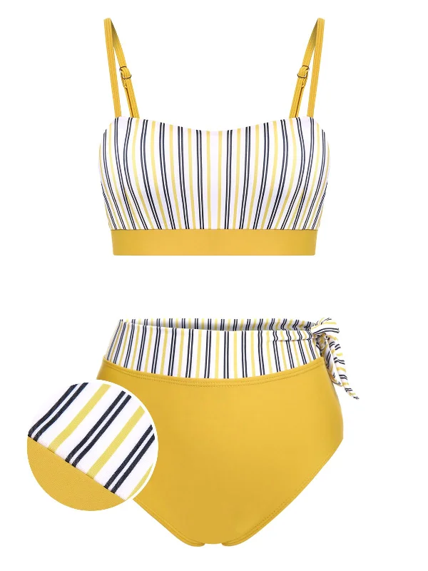 2PCS Yellow 1940s Striped Patchwork Swimsuit Push-Up Swimsuit Top