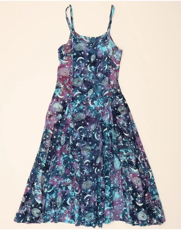 VINTAGE Womens Abstract Pattern Maxi Slip Dress UK 10 Small Blue Rayon Tunics Sophisticated sleek