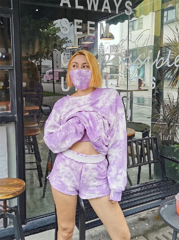 Women's Cotton Tie Dye Sweatshirt Shorts Sports Set Hoodie Dress Longline Feminine