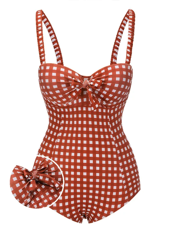 Red 1940s Plaid Strap One-piece Swimsuit Trendy Swimsuit Bottoms