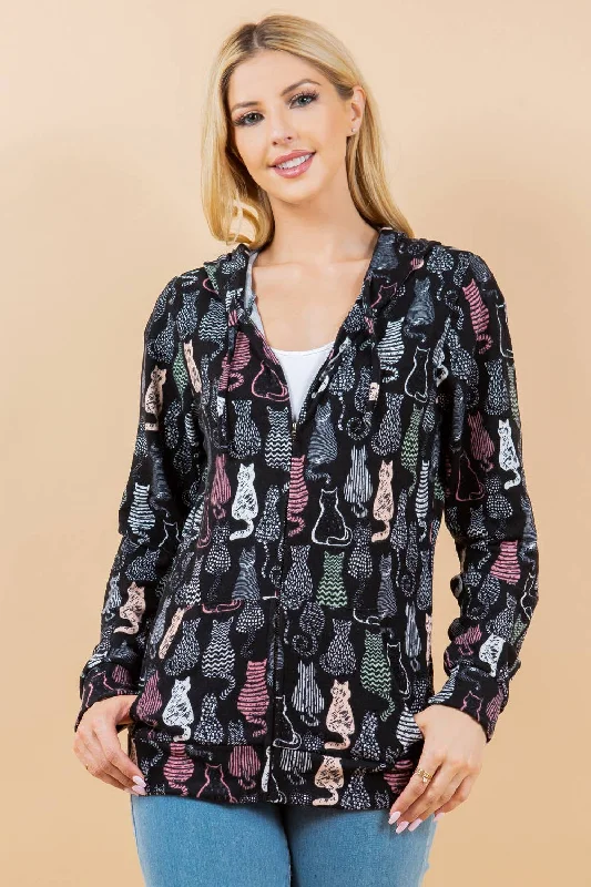 Cats Zipper Hoodie Hoodie with Hem Contrast Bold Stylish