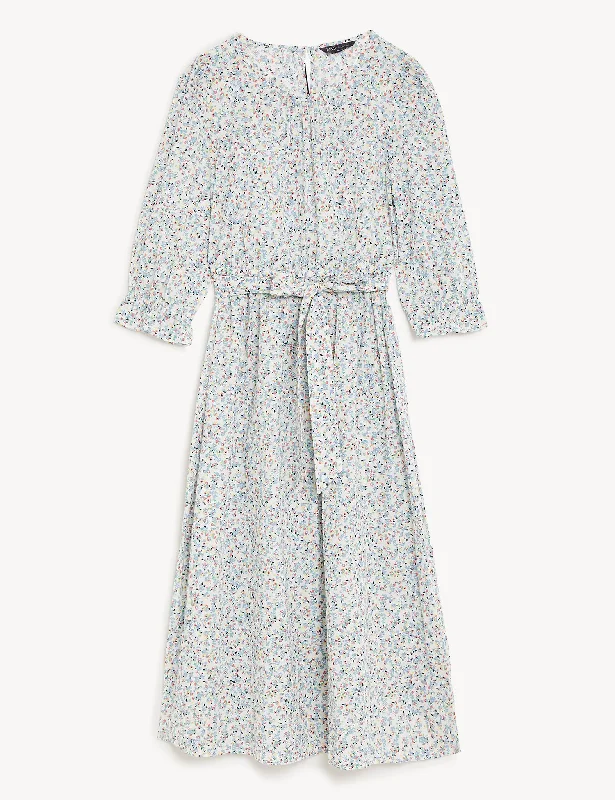 Pure Cotton Floral V-Neck Midi Waisted Dress Tunics New arrival