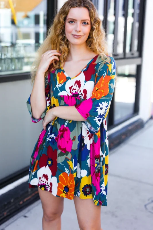Hello Beautiful Teal Floral Print V Neck Babydoll Dress (Open Pack) Tunics Print Colorful