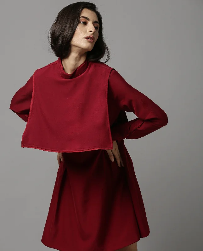 Rareism Women Clove-2 Maroon Dress Full Sleeves Casual Short Summer