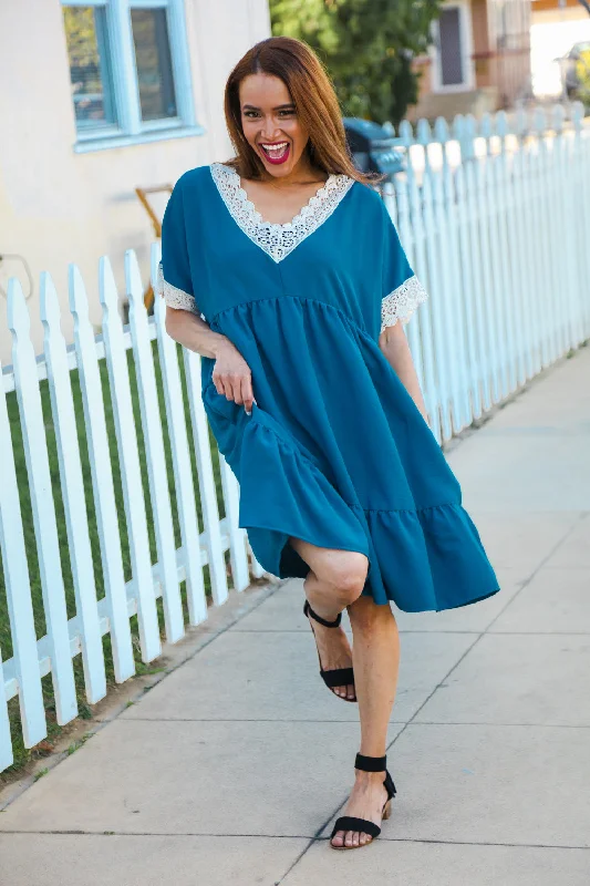Teal Blue Crepe Crochet Lined Dress Tunics Vintage classic