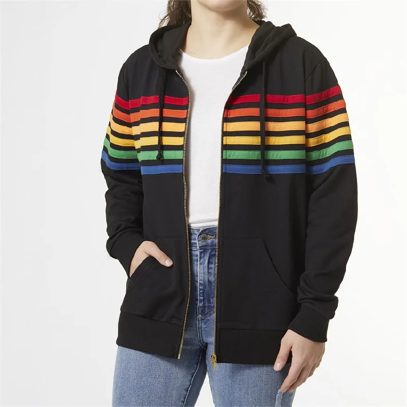 Amora Multi Stripe Zip-Up Sweatshirt in Black Hoodie with Hidden Zipper Minimalist Clean