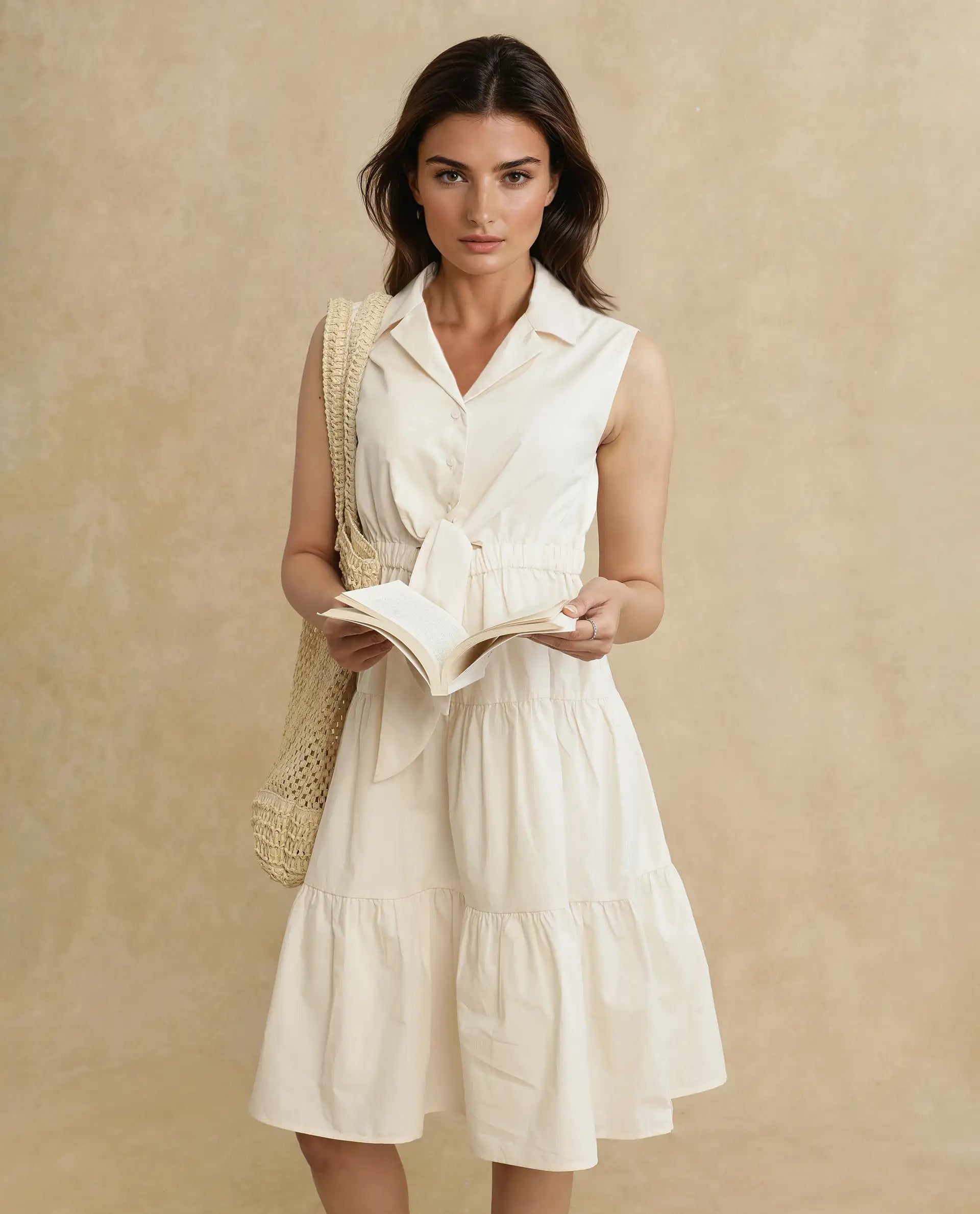 Rareism Women Somaka Beige Cotton Fabric Sleeveless Collared Neck Button Closure Fit And Flare Mini Plain Dress Boat Neckline Classic Rareism Women Somaka Beige Cotton Fabric Sleeveless Collared Neck Button Closure Fit And Flare Mini Plain Dress Boat Neckline Classic