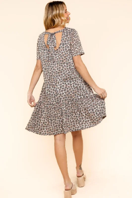 PLUS TUNIC LEOPARD PRINT DRESS W/ BACK RIBBON BOW TIE A-Line Day Work