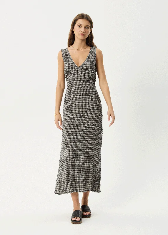 AFENDS Womens Asta - Seer Sucker Check Dress - Steel Check Off-the-shoulder Chic Trendy