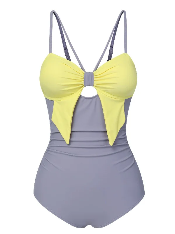 Purple & Yellow 1950s Cut Out Contrast Bow Swimsuit Floral Bikini Top