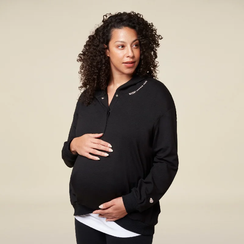 Mama Slogan Hooded Sweatshirt - Black Hoodie with Full-Zip Functional Layering