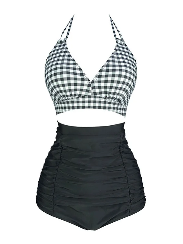 Black 1970s Plaid Wrinkle Bottom Swimsuit Soft Beachwear Set