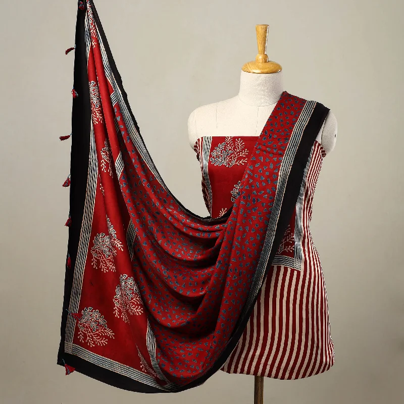 Red - 2pc Modal Silk Block Print Ajrakh Dress Material 06 Tunics Denim casual