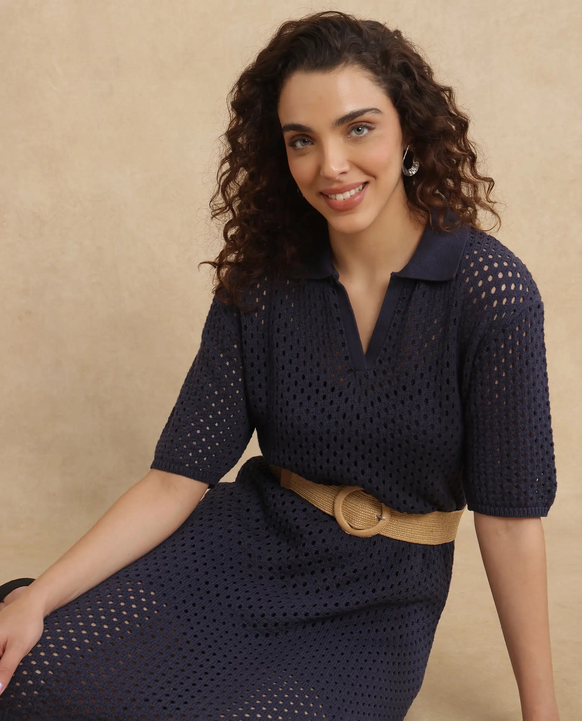 Rareism Women Ronpen Navy Cotton Fabric Sleeve Less Relaxed Fit Dress Off-the-shoulder Chic Trendy Rareism Women Ronpen Navy Cotton Fabric Sleeve Less Relaxed Fit Dress Off-the-shoulder Chic Trendy