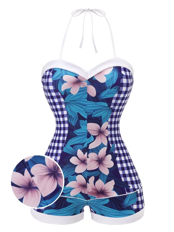 Blue 1950s Plaid&Floral Swimsuit Bold Swimsuit Design
