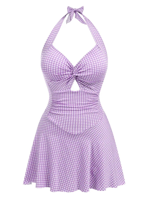 Purple 1930s Plaid Halter One-Piece Swimsuit Comfortable Tankini Set